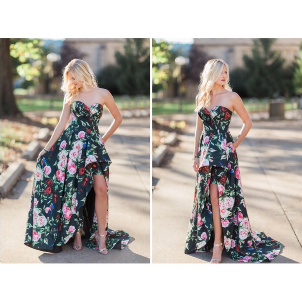 Sherri Hill jacquard floral gown strapless w optional straps